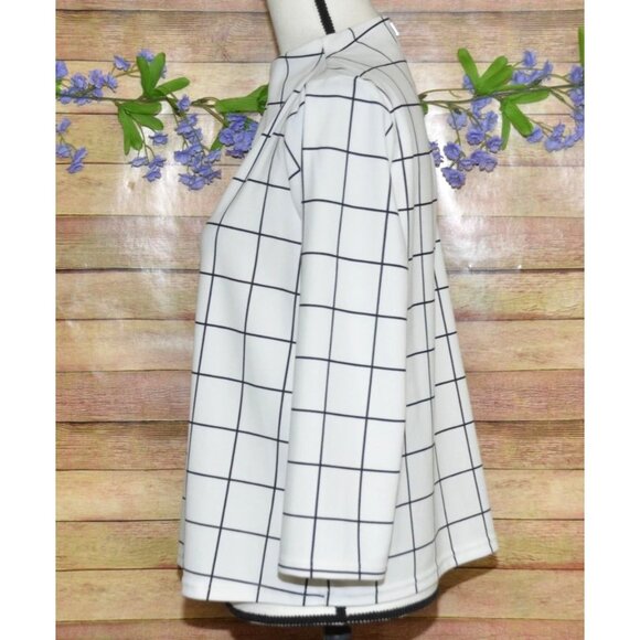 Melloday White 3/4 Sleeve High Neckline Blouse M Grid Window Pane Pattern Career - Picture 4 of 10